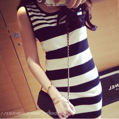 4月新品 2015夏款女裝粗細條紋相間包臀背心連衣裙淑女無袖修身打底裙原始圖片3