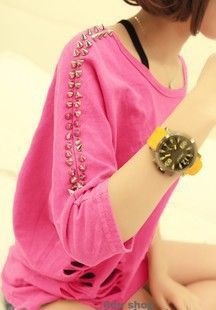 4月新品 5042#  2015女裝歐美風(fēng)新款 中袖個性街頭做舊鉚釘破洞T原始圖片2