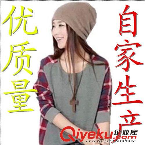 2015年3月新品 2015廠家直銷春新款韓版女裝寬松圓領(lǐng)拼接格子長(zhǎng)袖T恤大碼打底衫原始圖片2