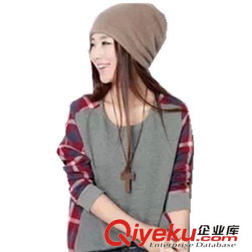 2015年3月新品 2015廠家直銷春新款韓版女裝寬松圓領(lǐng)拼接格子長(zhǎng)袖T恤大碼打底衫原始圖片3