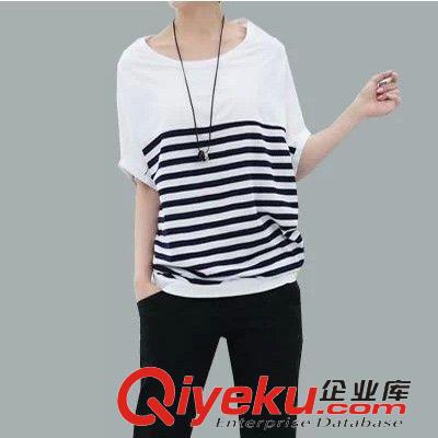 2015年3月新品 2015夏新款韓版大碼時尚蝙蝠衫短袖寬松圓領(lǐng)條紋T恤百搭女裝原始圖片2