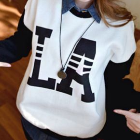 2015年1月新品 2015春季新款韓版大碼寬松la字母圓領(lǐng)長袖薄衛(wèi)衣女原始圖片3