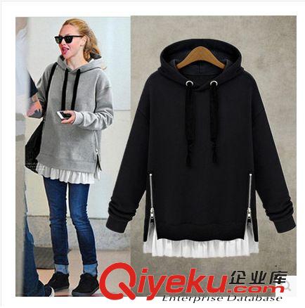 2015年1月新品 加厚加絨歐美秋冬寬松大碼假兩件中長款長袖連帽套頭衛(wèi)衣帽衫原始圖片2