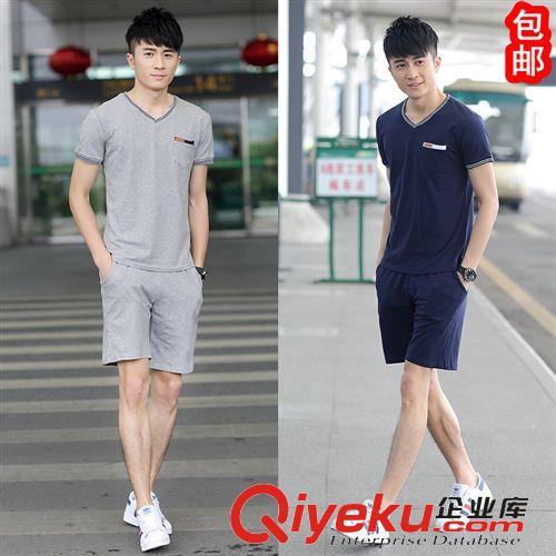男式T恤 2015夏季新品男士短袖韓版修身純棉運(yùn)動t恤套裝男印花翻領(lǐng)民族風(fēng)