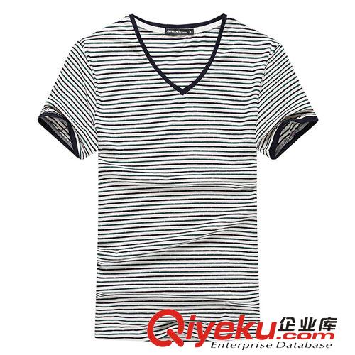 男式T恤 2015新品t恤男士短袖夏季純棉韓版修身男式t恤條紋T恤衫V領青年潮原始圖片3