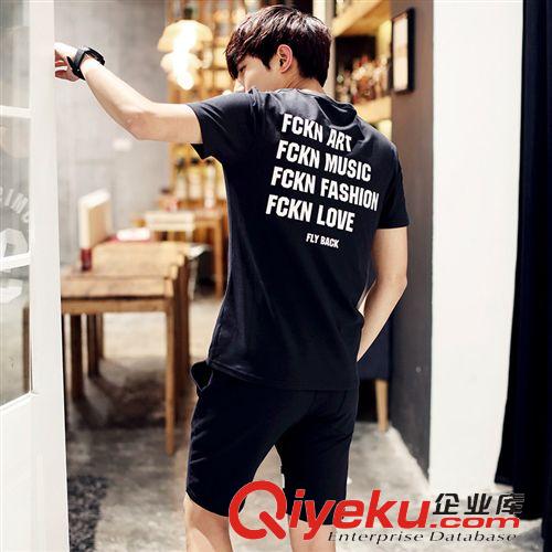 套裝 時尚印花男式短袖t恤衫青年圓領韓版潮男休閑五分褲套裝廠家直銷