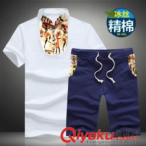套裝 夏季男士t恤短袖加肥加大時尚民族風個性色彩立領T恤套裝廠家直銷