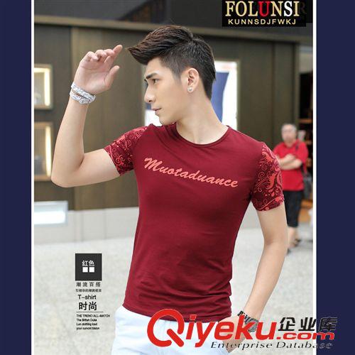 掌柜推薦 2015夏裝新品 修身型男士短袖T恤燙金韓版圓領(lǐng)半袖體恤衫小衫潮男原始圖片3