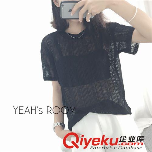 5月上新 2015韓國夏季新款 極簡透視鏤空罩衫純色針織短袖T恤原始圖片3