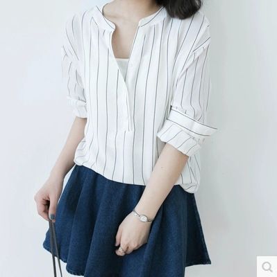 4月上新 2015春夏新款 白底細條紋清新感套頭襯衣女原始圖片2