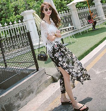 裙裝 夏季新款女裝新款 系帶長款拼雪紡連衣裙