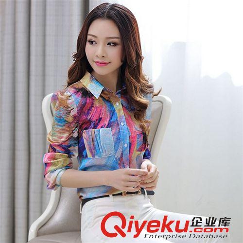 襯衫 2015春夏女裝新款韓版色彩印花修身襯衫女時尚大碼翻領(lǐng)長袖襯衣原始圖片2