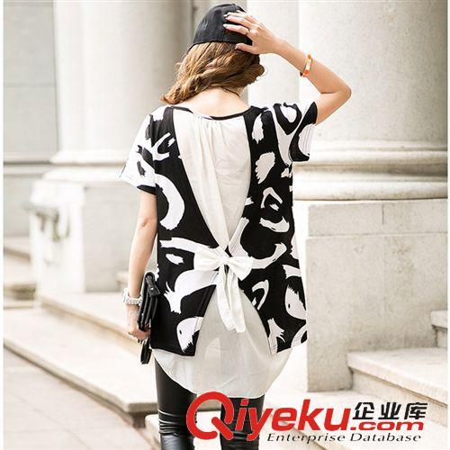 孕媽裝，胖MM裝 韓版新款夏裝特大碼女裝中長款雪紡拼接棉短袖寬松印花個性T恤原始圖片3