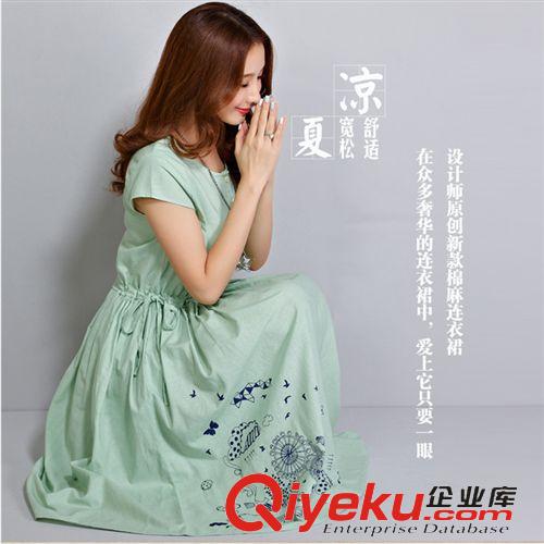 孕媽裝，胖MM裝 新款短袖大碼女裝連衣裙2015夏季中長款亞麻印花顯瘦胖mm連衣裙原始圖片3
