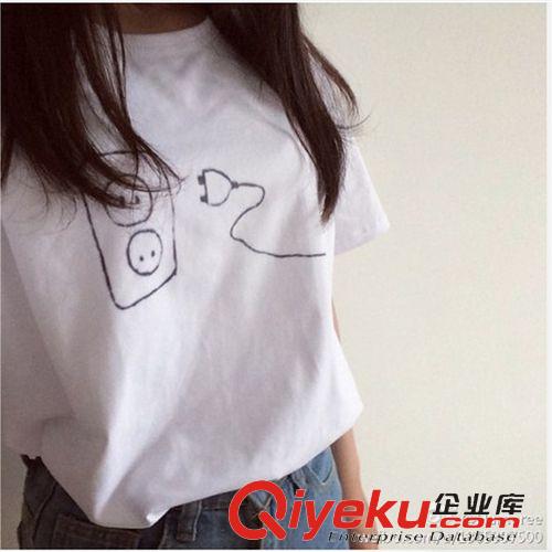 低價甩賣 2015春夏新款女裝時尚T恤 手繪荷包蛋電插頭閨蜜裝套頭短袖T恤