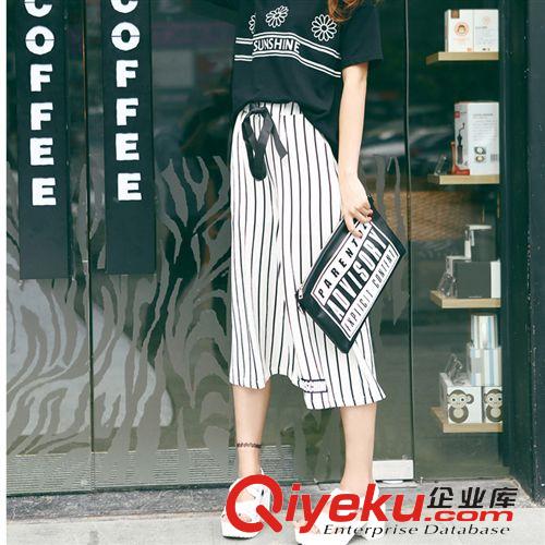 2015夏季第七波 專柜品質2015夏裝新款時尚舒適復古豎條紋修身顯瘦7分闊腿褲女潮原始圖片2