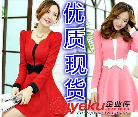 連衣裙 新款春秋季甜美蝴蝶結長袖修身紅色連衣裙女中長款原始圖片2