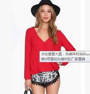 2015.3月春款二季 熱銷年時尚Blusas休閑襯衫夏季秋季長袖V領(lǐng)雪紡女裝襯衫廠家直銷原始圖片3