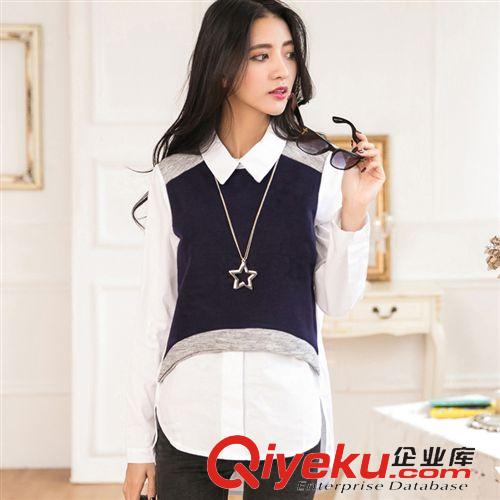 2015.3月春款二季 2015春裝新款街頭休閑拼接中長(zhǎng)翻領(lǐng)顯瘦假兩件套長(zhǎng)袖襯衫 女原始圖片2