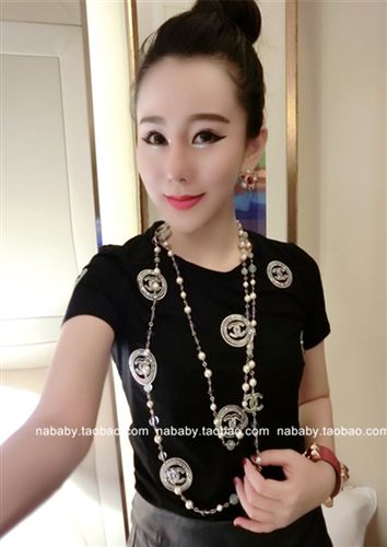 2015  4月{dy}季 2015新款歐美小香風(fēng)雙C 刺繡鑲A鉆彈力純棉T恤 潮人必備好質(zhì)量原始圖片3