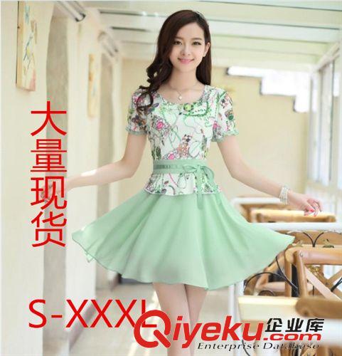 2015  4月{dy}季 2015新款韓版女裝夏裝大碼修身印花打底短袖雪紡連衣裙原始圖片3