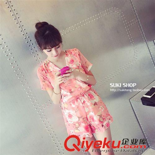 褲子 春夏季女裝連體褲 清新大花朵木耳邊收腰連體 短褲原始圖片2
