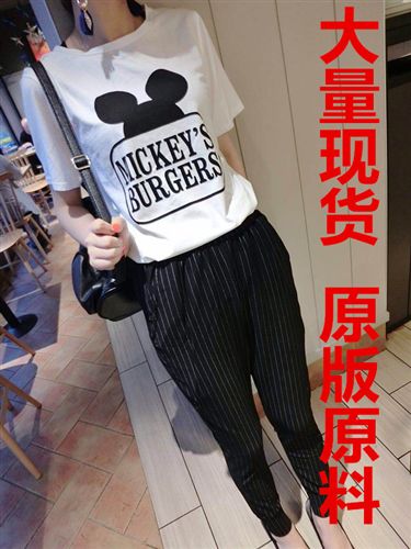 3 2015年歐洲站{zx1}時尚休閑米奇英文純棉T恤修身豎條褲子兩件套裝原始圖片3