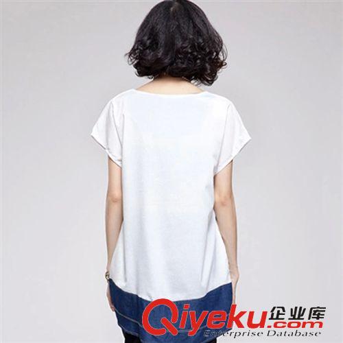 女式T恤 2015夏裝碼女裝夏裝t恤女短袖寬松顯瘦時尚牛仔拼接上衣長款8546原始圖片3