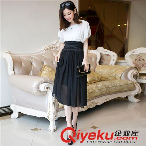 子軒衣坊實拍區(qū) 2015夏季新款波西米亞顯瘦時尚優(yōu)雅氣質黑白拼色雪紡連衣裙長裙原始圖片2