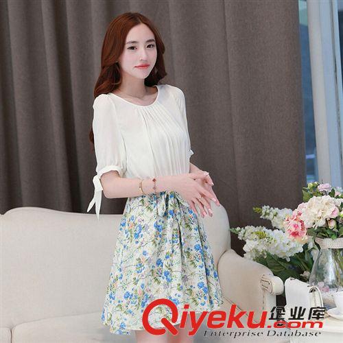 連衣裙 2015夏季新款雪紡修身顯瘦印花裙淑女系腰帶時尚優雅短袖連衣裙原始圖片2