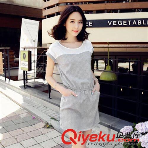 美裙 2015夏裝新款女裝收腰顯瘦拼接連衣裙 棉麻格子連衣裙原始圖片2