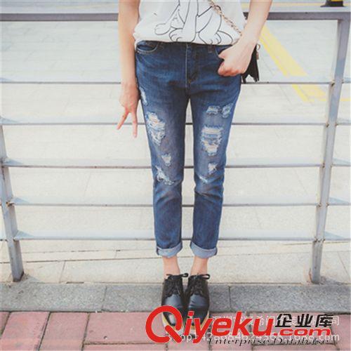 褲子 新款 寬松BF風(fēng)破洞牛仔褲女乞丐褲女九分褲
