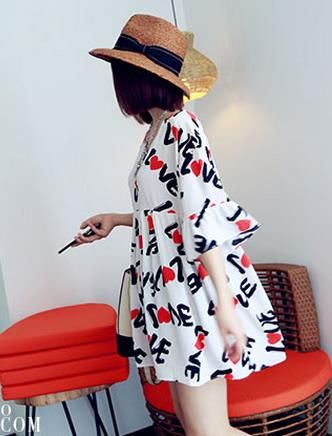 5月新款 特價2015夏季新品韓版愛心v領(lǐng)印花短袖雪紡連衣裙 女裝現(xiàn)貨批發(fā)原始圖片3