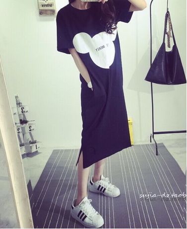 連衣裙 2015夏季新款韓版卡通圓領(lǐng)短袖寬松顯瘦中長款開叉米奇連衣裙女原始圖片2