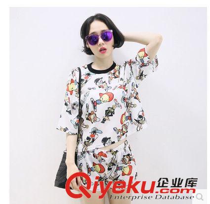休閑套裝 廠家tj直銷(xiāo)2015夏季新款女裝歐美風(fēng)卡通短袖T恤+女式短褲套裝