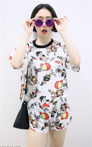 休閑套裝 廠家tj直銷(xiāo)2015夏季新款女裝歐美風(fēng)卡通短袖T恤+女式短褲套裝