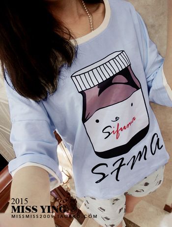 休閑套裝 2015夏季新款女裝韓版三色牛奶瓶中袖睡衣套裝 女式