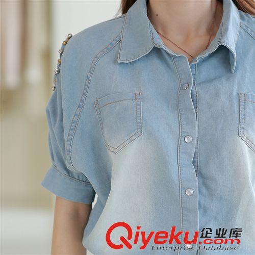 店長推薦 1563#夏裝新款歐洲站鉚釘露肩蝙蝠袖短袖牛仔連衣裙短裙送腰帶原始圖片3