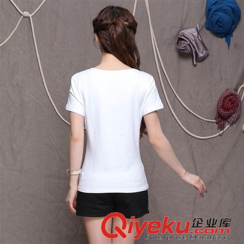 棉麻T恤 1521#廠家直銷2015年夏季女裝名族風新款水墨畫繡荷花全棉T恤原始圖片3