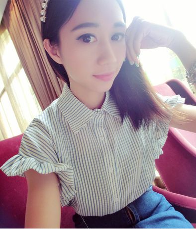 雪紡衫，蕾絲衫 1142 #新款女士襯衣韓版寬松短袖小清新娃娃領(lǐng)豎條紋雪紡襯原始圖片2
