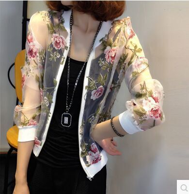 防曬服 1255#春夏新款女裝歐根紗印花防曬衣棒球服衫短外套女