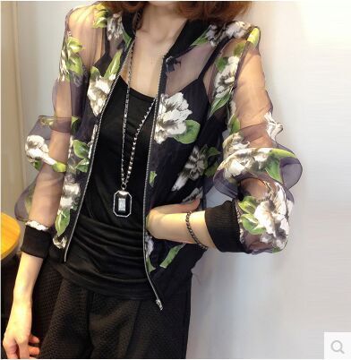 防曬服 1255#春夏新款女裝歐根紗印花防曬衣棒球服衫短外套女