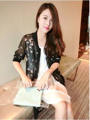 防曬服 1016#春夏小鳥印花寬松短袖中長款雪紡開衫外搭防曬衣