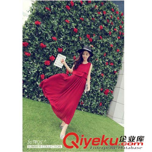 時(shí)尚連衣裙系列 2015夏季新款韓版無(wú)袖百褶純色女雪紡連衣裙