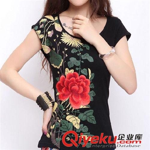 所有寶貝 原創(chuàng)女裝 印花繡花針織短袖圓領(lǐng)T 花語民族風(fēng)