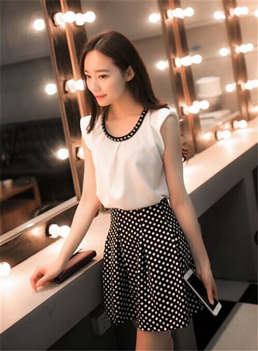 5月新款 2015年夏季新款韓版兩件套雪紡瘦收腰無袖波點連衣裙套裝女裝原始圖片2