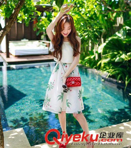 連衣裙 2015年夏季新款假兩件套無袖印花連衣裙中長款裙子女裝批發(fā)原始圖片2