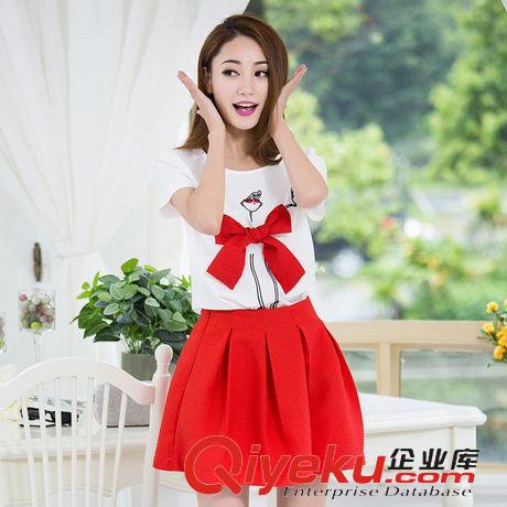 4月上新 2015夏新款女裝 韓版蝴蝶結(jié)短袖上衣雪紡衫+裙子兩件套裝原始圖片2