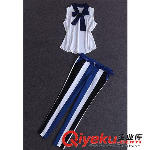 套裝 2015夏季新款菁菁同款優雅系帶無袖上衣+條紋褲套裝原始圖片3
