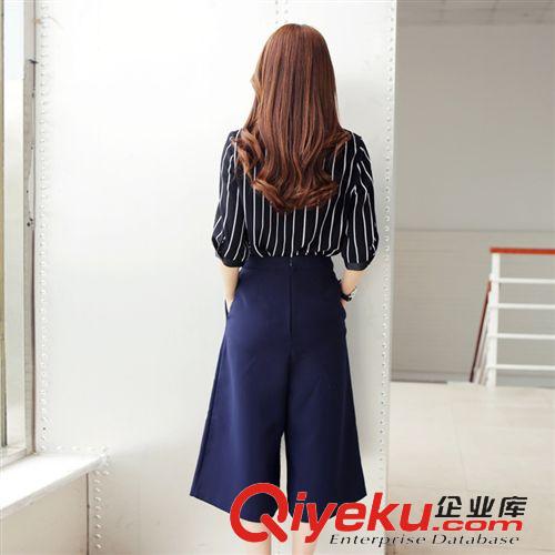 套裝 2015夏季新款女裝休閑套裝時(shí)尚條紋闊腿褲小香風(fēng)套裝潮原始圖片2